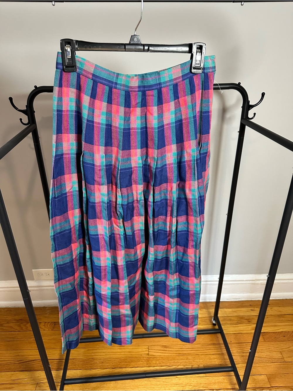 Vintage 80s David Brooks Pleated A-Line Plaid Skirt in Blue and Pink